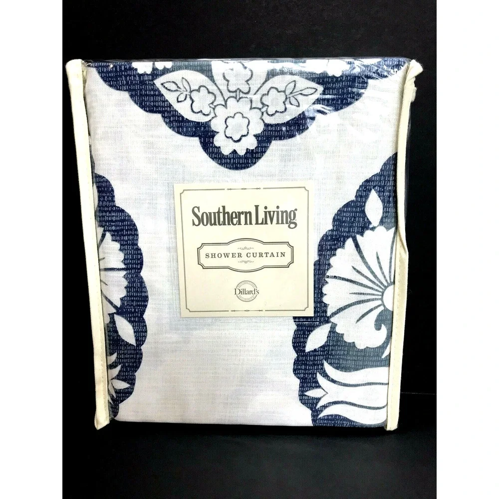 Southern Living Hayden Shower Curtain Blue Gray Floral Medallion Cotton NEW